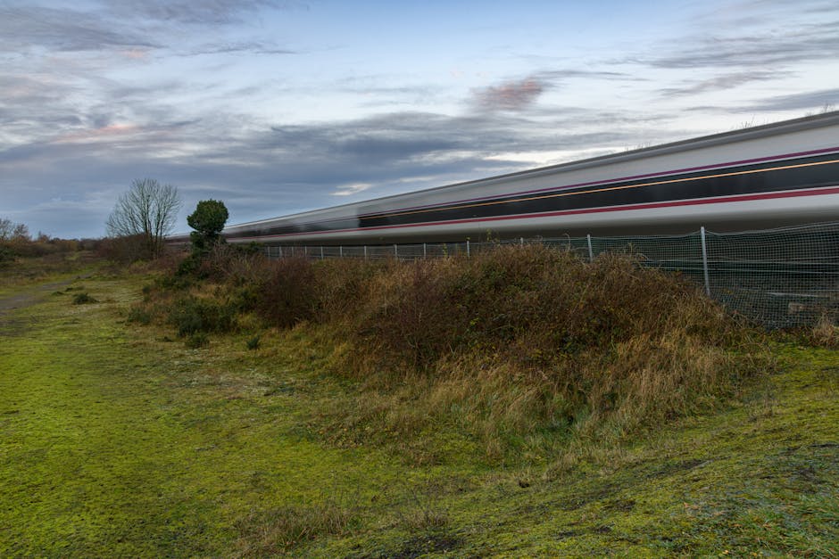 A high-speed train passing at a fast pace along a railway track situated on an embankment with grass and shrubbery, under a cloudy sky during twilight. The train has a streamlined white body with horizontal red and black stripes, appearing blurred due to its motion. No objects related to house removals or moving services are visible in the image; it depicts a transport environment outside a residential setting, focusing on the speed and movement of the train. This image does not include furniture, boxes, or equipment associated with home relocation, and there are no signs of loading or packing activities characteristic of removals services. The presence of the railway and train in this setting does not relate directly to the house removals context but could metaphorically support transportation themes.